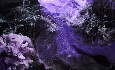 Purple lilac multicolored smoke abstract background, acrylic paint underwater explosion