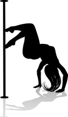 A woman pole dancer exercising for fitness in silhouette