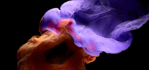 Blue orange multicolored smoke abstract background, acrylic paint underwater explosion