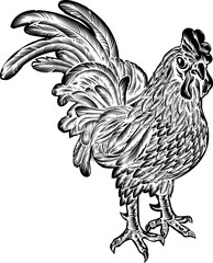 Rooster Chicken Woodcut - obrazy, fototapety, plakaty
