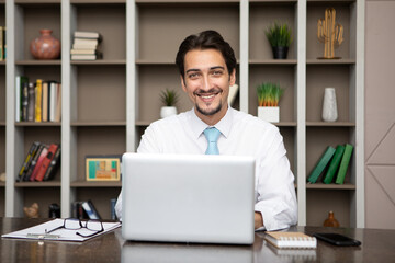 Young handsome smiling businessman working on laptop in the office