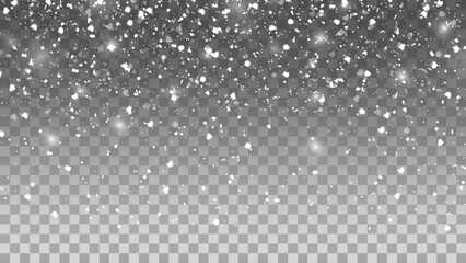 Falling snowflakes on a transparent background. Snowfall vector illustration. Abstract horizontal winter backdrop. Fall of snow. 
