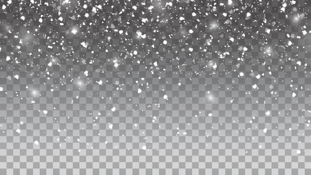 Falling snowflakes on a transparent background. Snowfall vector illustration. Abstract horizontal winter backdrop. Fall of snow. 