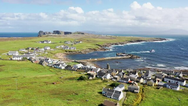 Aerial view of the Tory Island West Town and harbour, County Donegal, Republic of Ireland