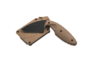 Modern tactical knife with black blade and brown rubber curved handle. Steel arms. Isolate on a...
