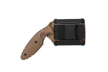 Modern tactical knife with black blade and brown rubber curved handle. Steel arms. Isolate on a white back.