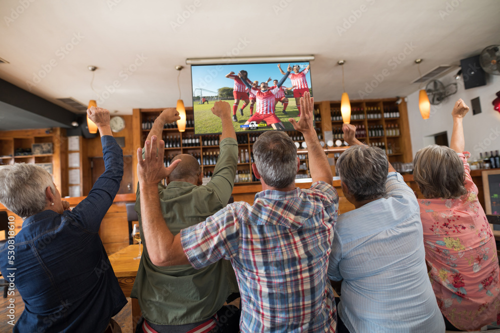 Poster Senior diverse friends supporting and watching tv in bar with football match on screen