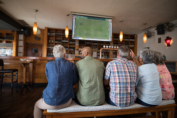 Senior diverse friends supporting and watching tv in bar with football match on screen