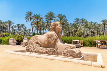Memphis, Egypt; August 4, 2022 - A huge albaster sphinx at Memphis, Egypt