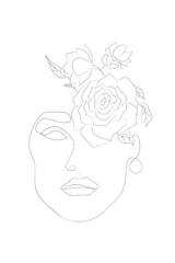 Face with growing flowers, line art and minimalism 