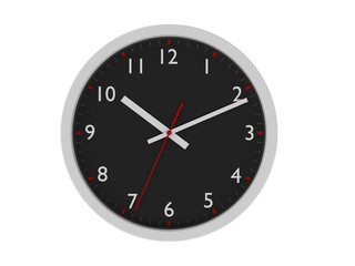 Call clock on a white background with a black dial. 