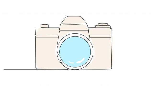 animated single line drawing of single-lens reflex camera isolated on white background, line art animation