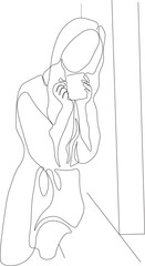 Continuous one line drawing tea time. Relaxed beautiful girl  enjoying hot coffee in front of window. Single line draw design graphic illustration