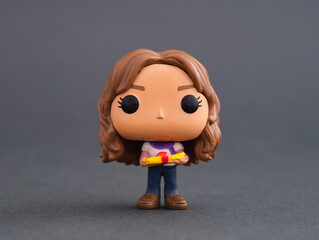 Obraz premium Tambov, Russian Federation - February 15, 2022 A Hermione Granger Funko POP Mini Vinyl Figure on gray background. Harry Potter Advent Calendar.