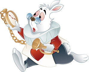 rabbit in a hurry running to wonderland with trumpet on its hand - obrazy, fototapety, plakaty