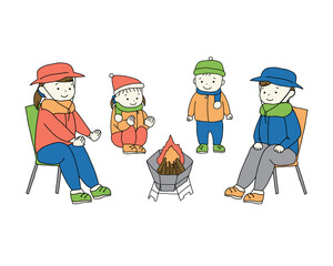 焚き火を囲む家族のカラーイラスト