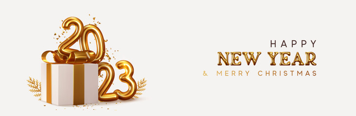 2023 Happy New Year. Realistic gift box Golden metal number. 3d render gold metallic sign and text letter. Celebrate party 2023. Christmas Poster, banner, cover card, brochure, flyer, layout design