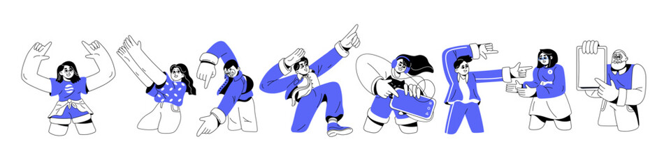 Happy people showing, pointing with finger, gesturing with hand, presenting. Lineart men and women characters advertising smth. Line-art flat graphic vector illustrations isolated on white background