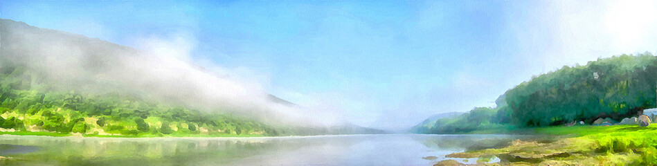 Obraz premium Panorama of green mountains in the clouds. Landscape view on green hills in fog at sunset. Tourism and travel. Watercolor drawing picture