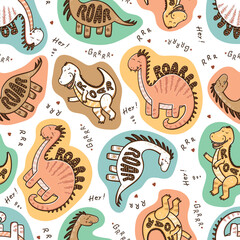 Vector Cute Dinosaur Seamless Pattern for kids. Childish Colorful Background with Funny Dinosaurs.