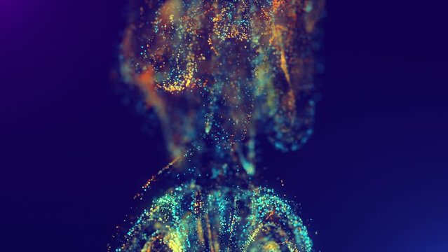 Multicolored, bright, abstract cloud of particles in space. A bright stream of particles moves and rotates around its axis along the background in a dynamic pattern with fluid simulation and light