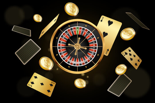Vector illustration, casino background with golden playing cards casino chips and Jackpot you win text on sparkle background and golden lights. 3d background for casino games