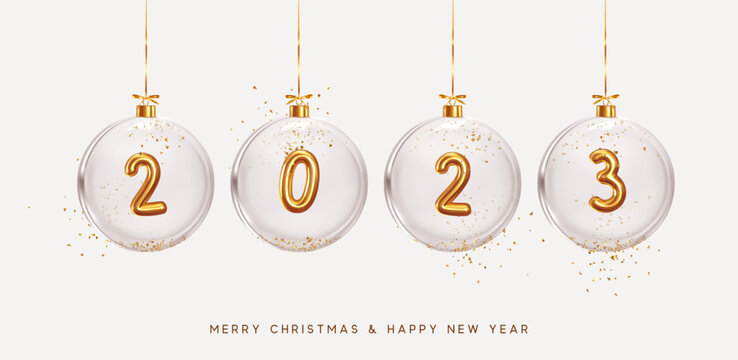 2023 Happy New Year. Golden metal number in glass bauble, Christmas decoration. Realistic 3d render metallic sign. Celebrate party 2023. Xmas Poster, banner, cover card, brochure, flyer, layout design