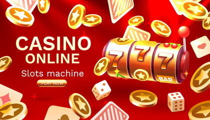 Casino slots machine winner, jackpot fortune of luck, 777 win banner. Vector
