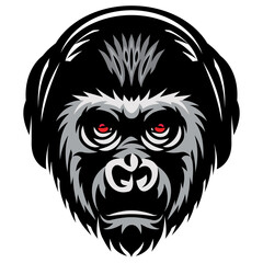 Monkey head template with headphones and wicked grimace. Vector monochrome illustration