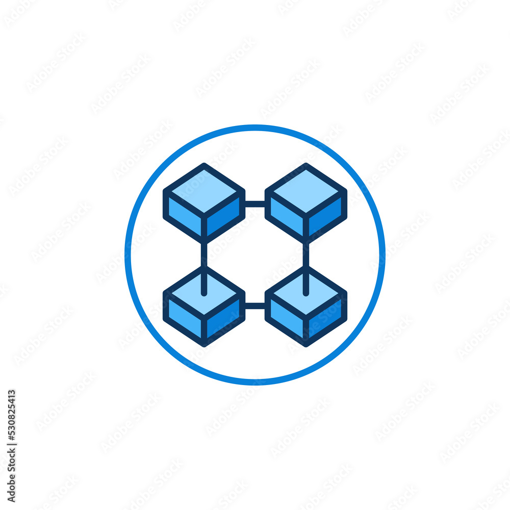 Poster circle with four connected blocks icon. blockchain vector blue round symbol