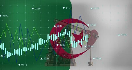 Animation of financial data processing and flag of algeria over oil pump - Powered by Adobe