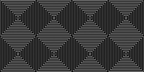 Seamless black and silver luxury geometric optical illusion striped squares background texture. Modern elegant dark shiny metallic chrome wire abstract line pattern wallpaper backdrop. 3D rendering.