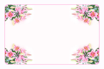 Obraz na płótnie Canvas 美しいピンクの百合の花束の合成フレーム（白バック）