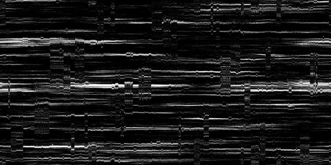 Seamless black and white retro VHS scanlines or TV signal static noise pattern. Tileable vintage grunge analog television screen or video game pixel glitch damage dystopiacore background texture.