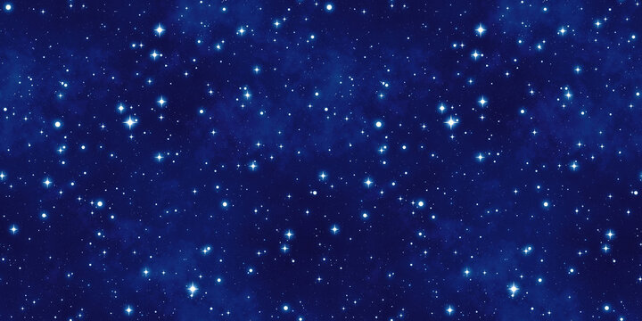 Seamless outer space background texture. Tileable deep royal blue celestial stars and nebula in the night sky wallpaper or backdrop. High resolution astrology or astronomy pattern. 3D rendering.