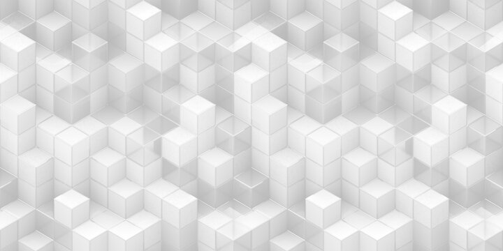 Seamless abstract minimal soft white isometric cubes background texture. Elegant modern geometric business presentation or brochure backdrop. Tileable subtle light grey tech pattern. 3d rendering.