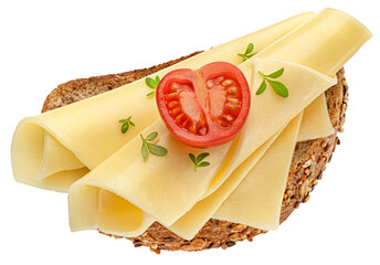 Gouda cheese slices on rye bread isolated - obrazy, fototapety, plakaty