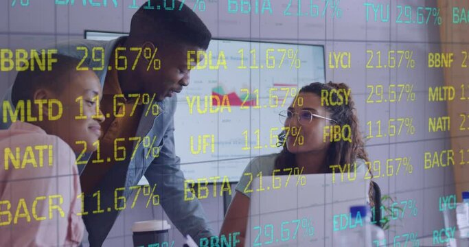 Animation of stock market over diverse business people at office