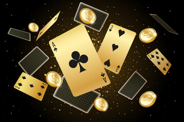Vector illustration, casino background with golden playing cards casino chips and Jackpot you win text on sparkle background and golden lights. 3d background for casino games