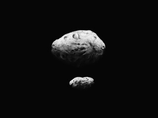 Dangerous asteroids covered with craters in space, cosmic stone surface, asteroid with satellite.
