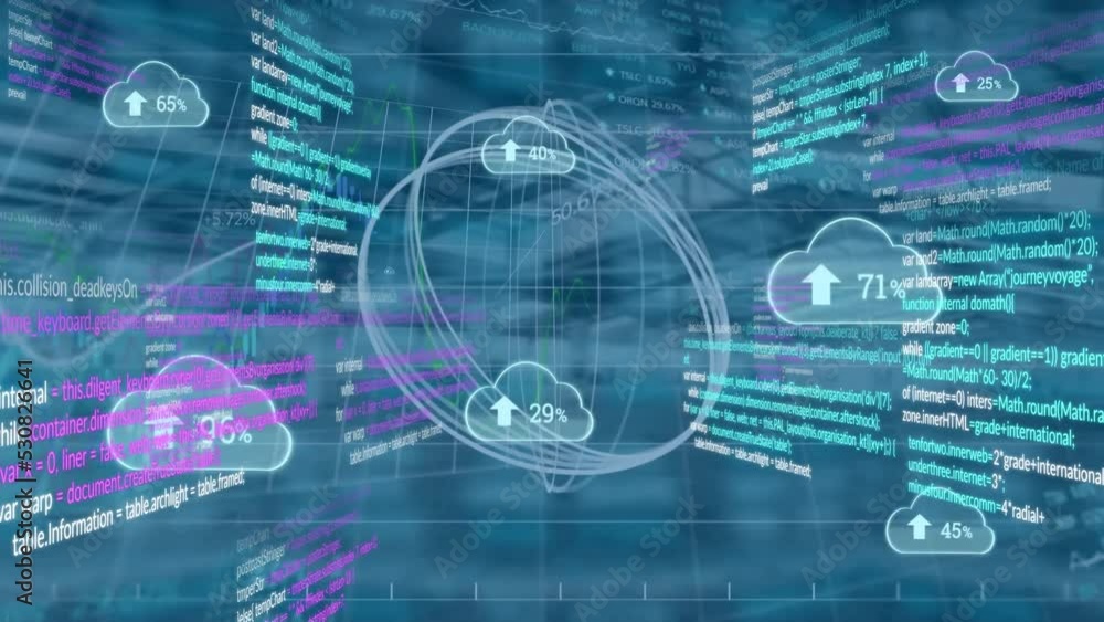 Poster animation of data processing with icons over cityscape