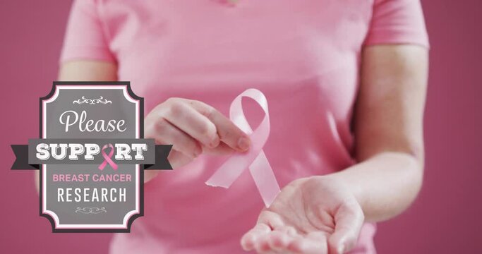 Animation of please support breast cancer research text over caucasian woman with pink ribbon
