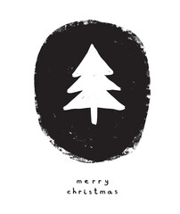 Christmas Vector Card. Hand Drawn Christmas Tree in a Black Frame isolated on a White Background. Winter Holidays Print with Handwritten Merry Christmas ideal for Card, Poster, Wall Art. Cool Xmas.