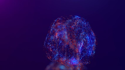 Multicolored, bright, abstract cloud of particles in space. A bright stream of particles moves against the background in a dynamic pattern with fluid simulation and light