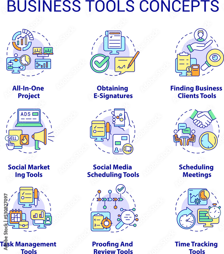 Poster business tools concept icons set. software for small business idea thin line color illustrations. ta