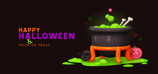 Happy Halloween background with magic cauldron and green potion boiled bones. Realistic 3d design in cartoon style. Holiday banner, web poster, stylish flyer, greeting card. vector illustration