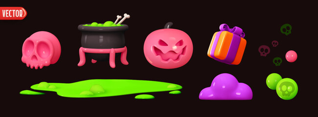 Holiday Halloween set of themed decorative elements for design. Realistic 3d objects in cartoon style. Skull, magic potion cauldron, pumpkin and gift box, green puddle of slime. vector illustration