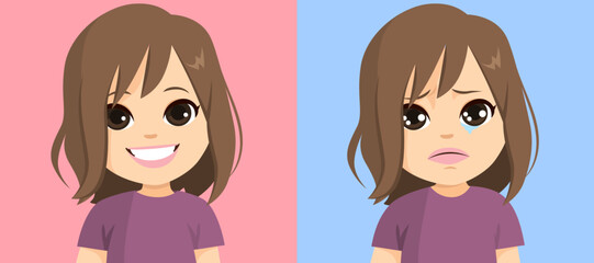 Little young girl expressing happy and sad face emotion. Joy and sadness concept vector cartoon illustration