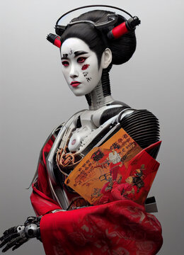 Amazing Portrait of a Futurist Robotic Cyberpunk Japanese Geisha Geiko with Oriental Makeup and Detailed Kimono, AI Generated