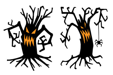 A creepy tree for the Halloween holiday. A set of cartoon silhouettes of a tree for Halloween, black elements isolated on a white background. Black creepy twisted trees. Happy Halloween concept.